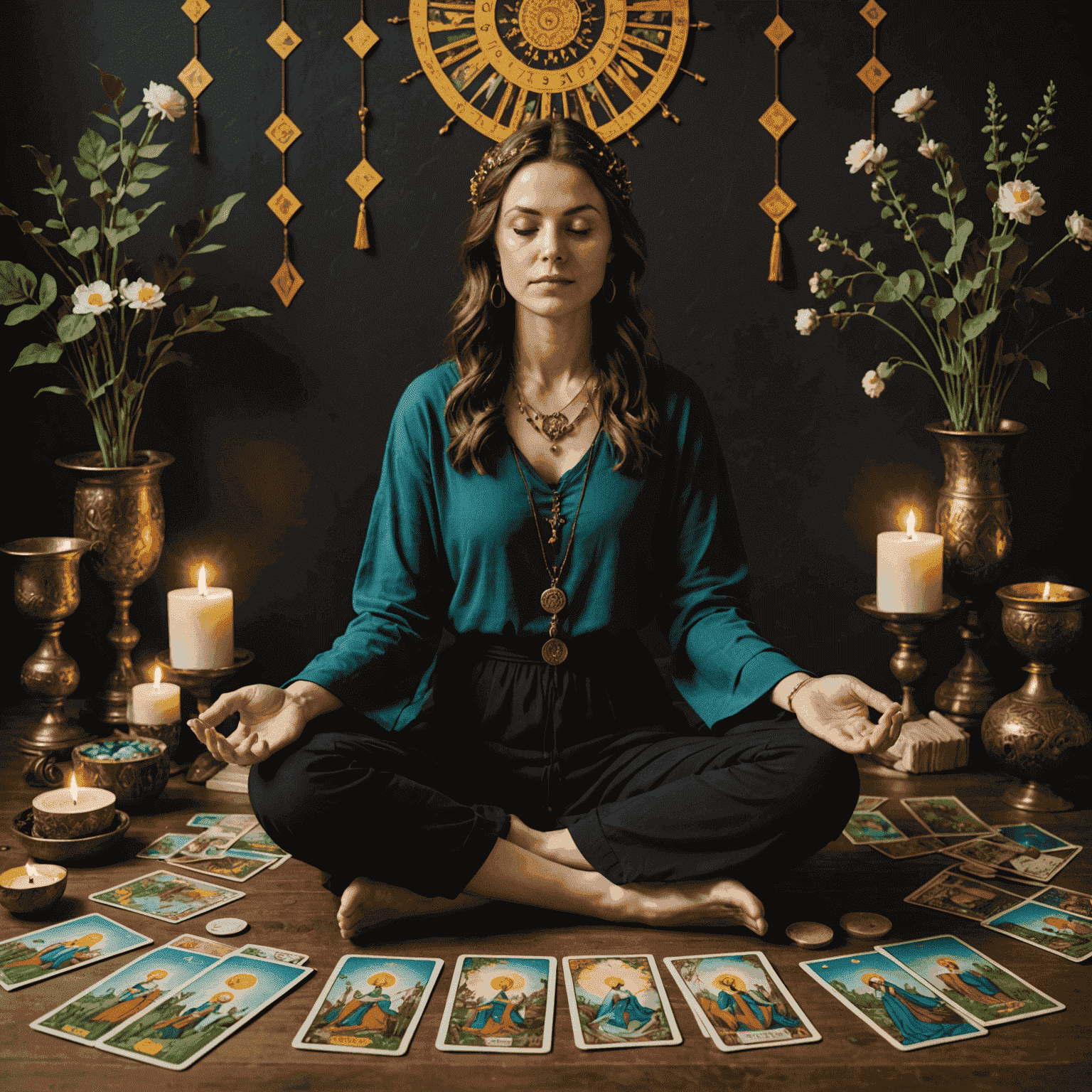 Žena meditujúca s tarotovými kartami okolo nej, symbolizujúca osobný rozvoj prostredníctvom tarotu